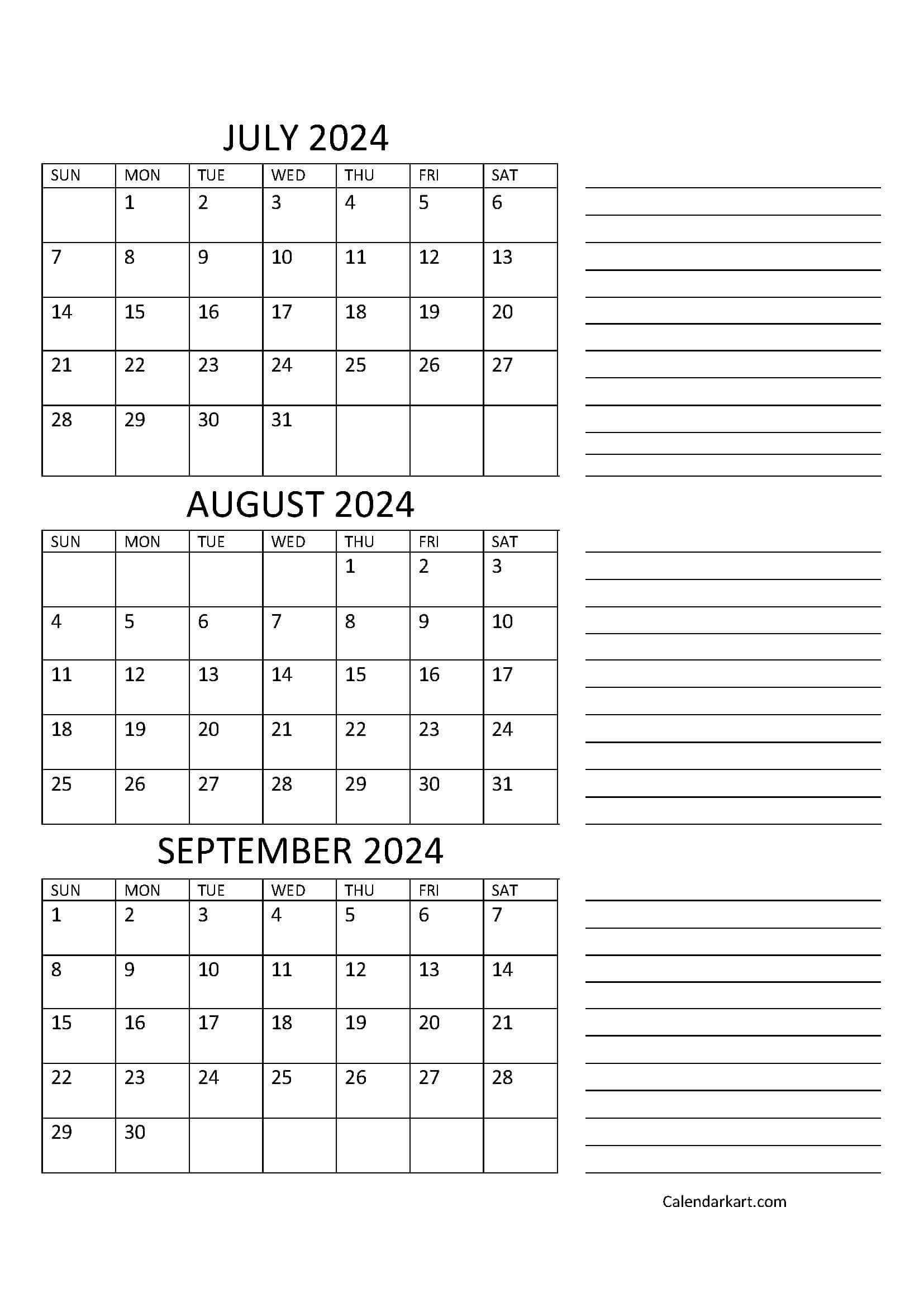 3 Month Vertical Calendar July September 2024 Calendar 2024