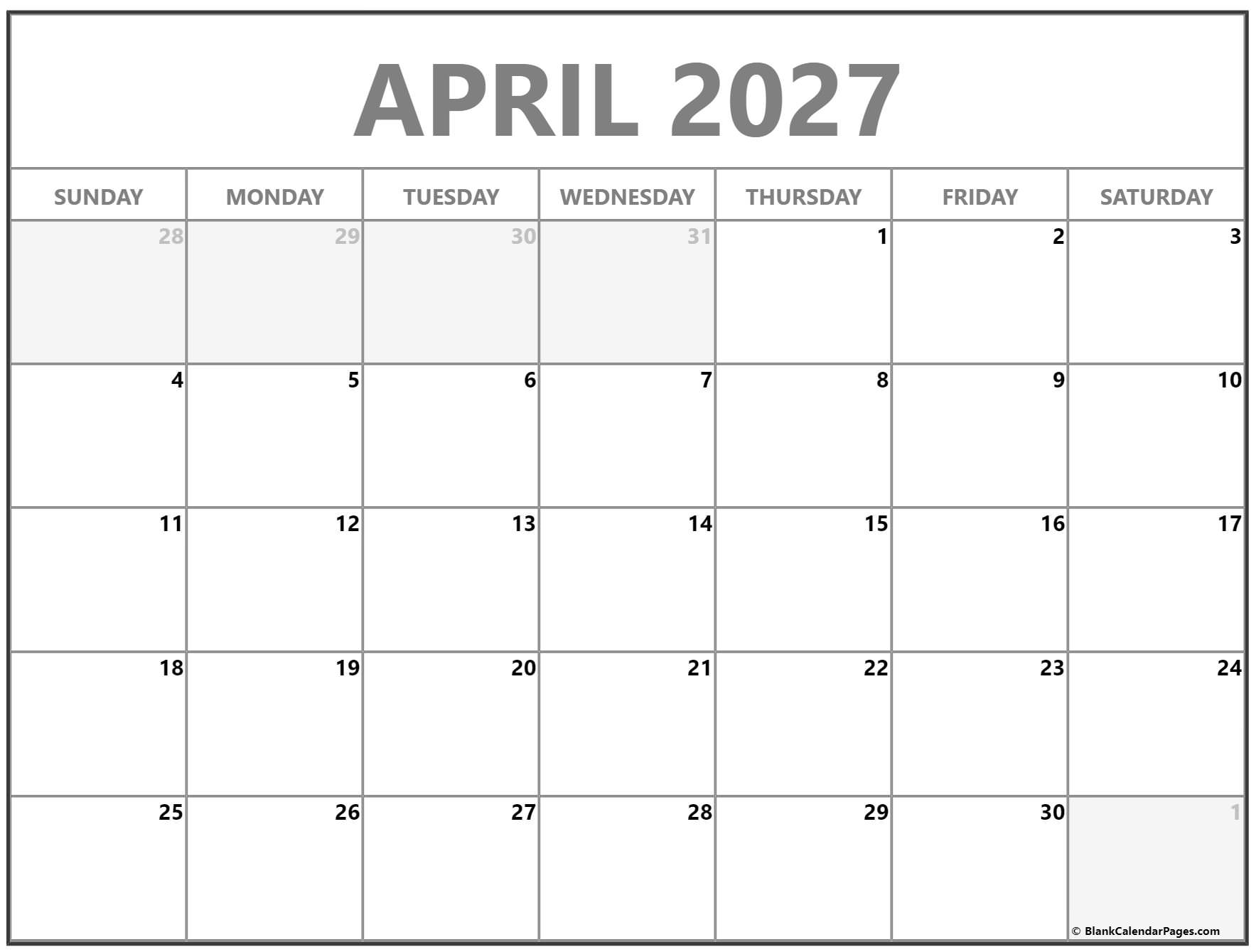April 2027 Calendar Free Printable Calendars