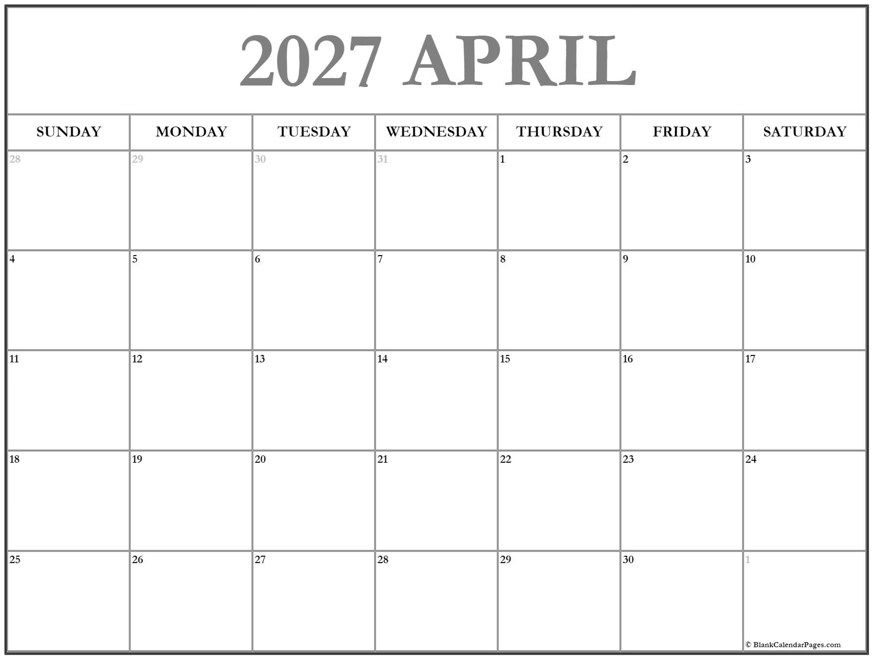 April 2027 Calendar Free Printable Calendars April 2027 Calendar Free Printable Calendars