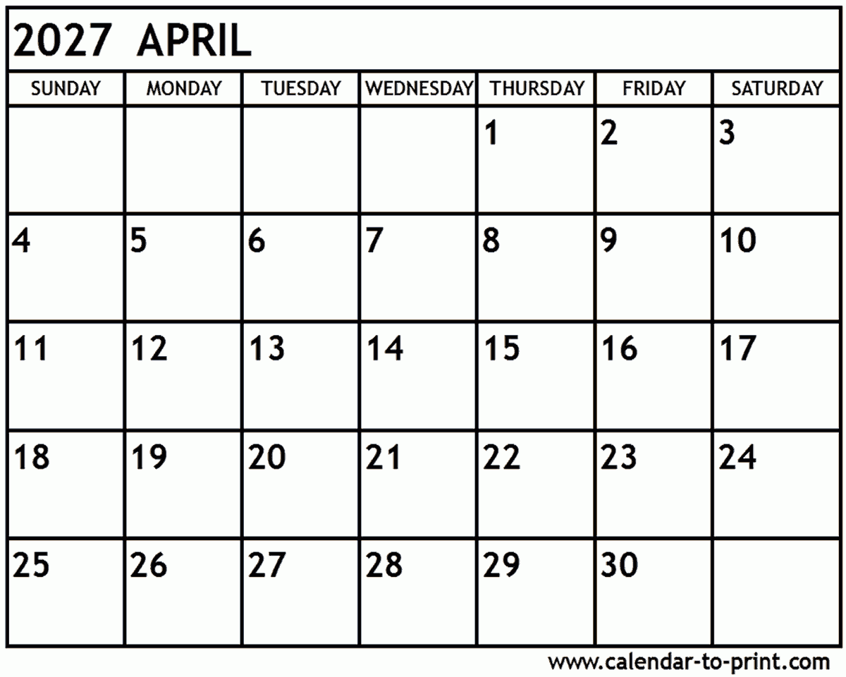 April 2027 Calendar Printable April 2027 Calendar Printable