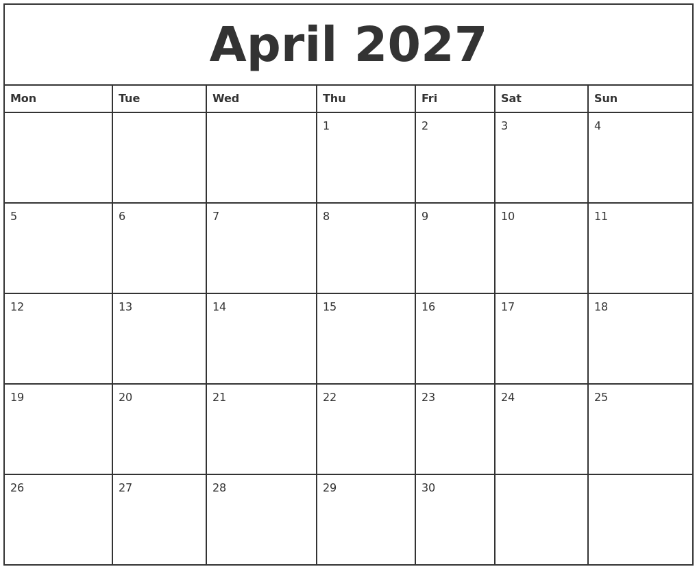 April 2027 Printable Monthly Calendar