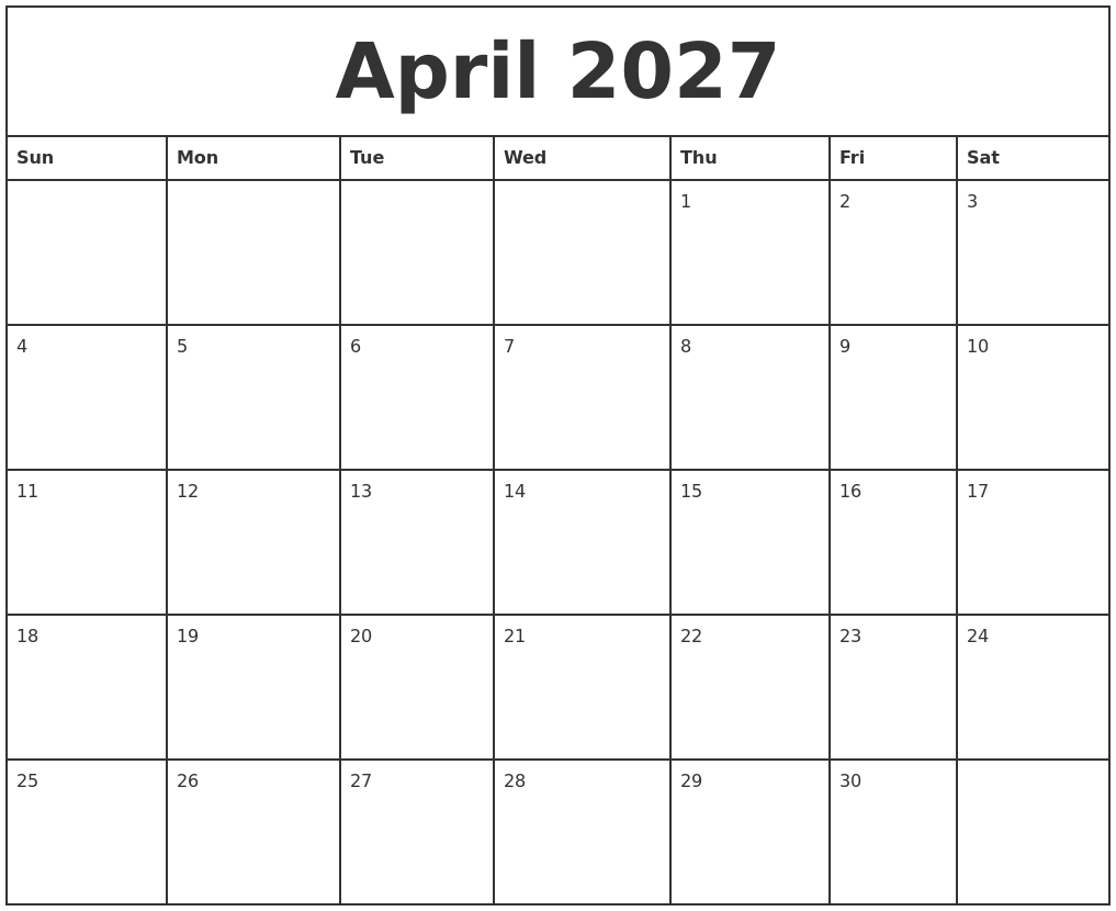 April 2027 Printable Monthly Calendar April 2027 Printable Monthly Calendar