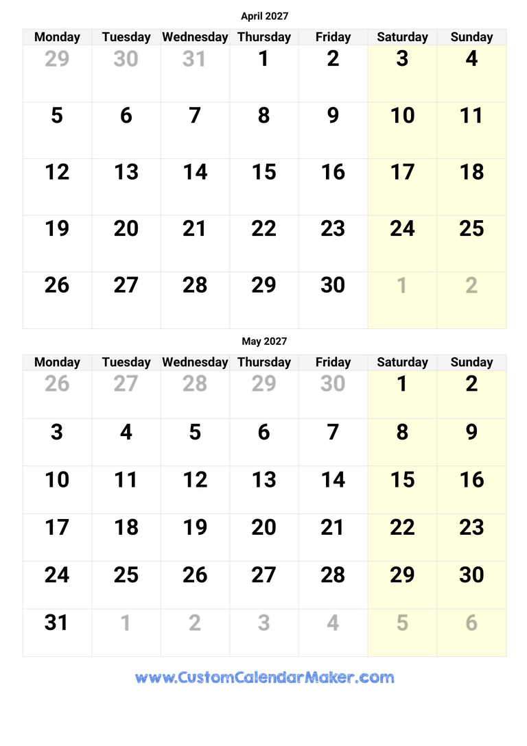 April And May 2027 Calendar