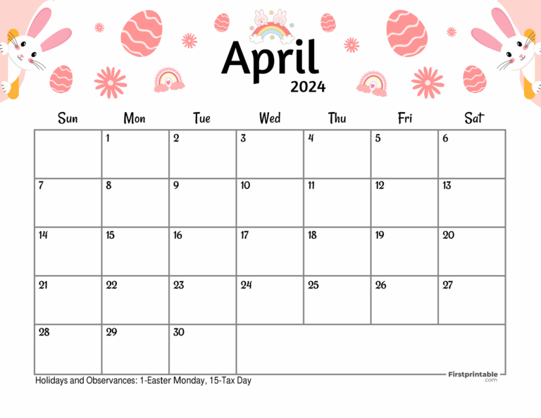 April Calendar Free Printable