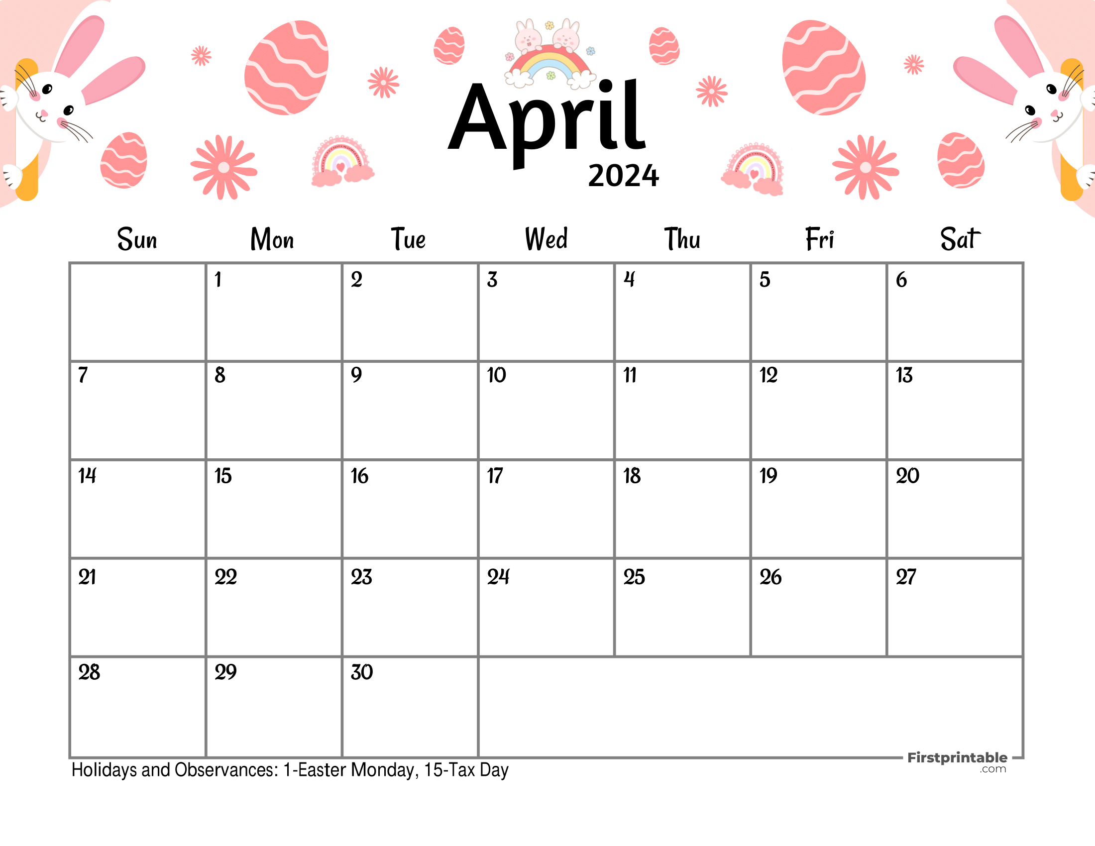 April Calendar Free Printable