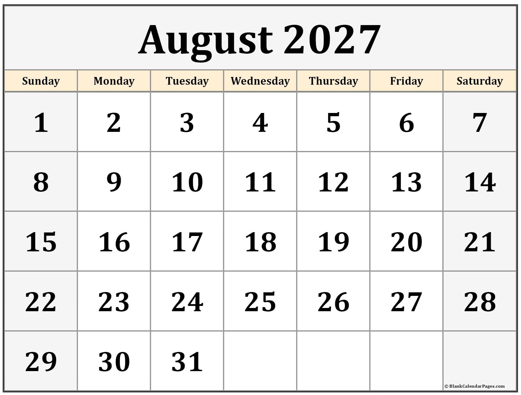 August 2027 Calendar Free Printable Calendars August 2027 Calendar Free Printable Calendars