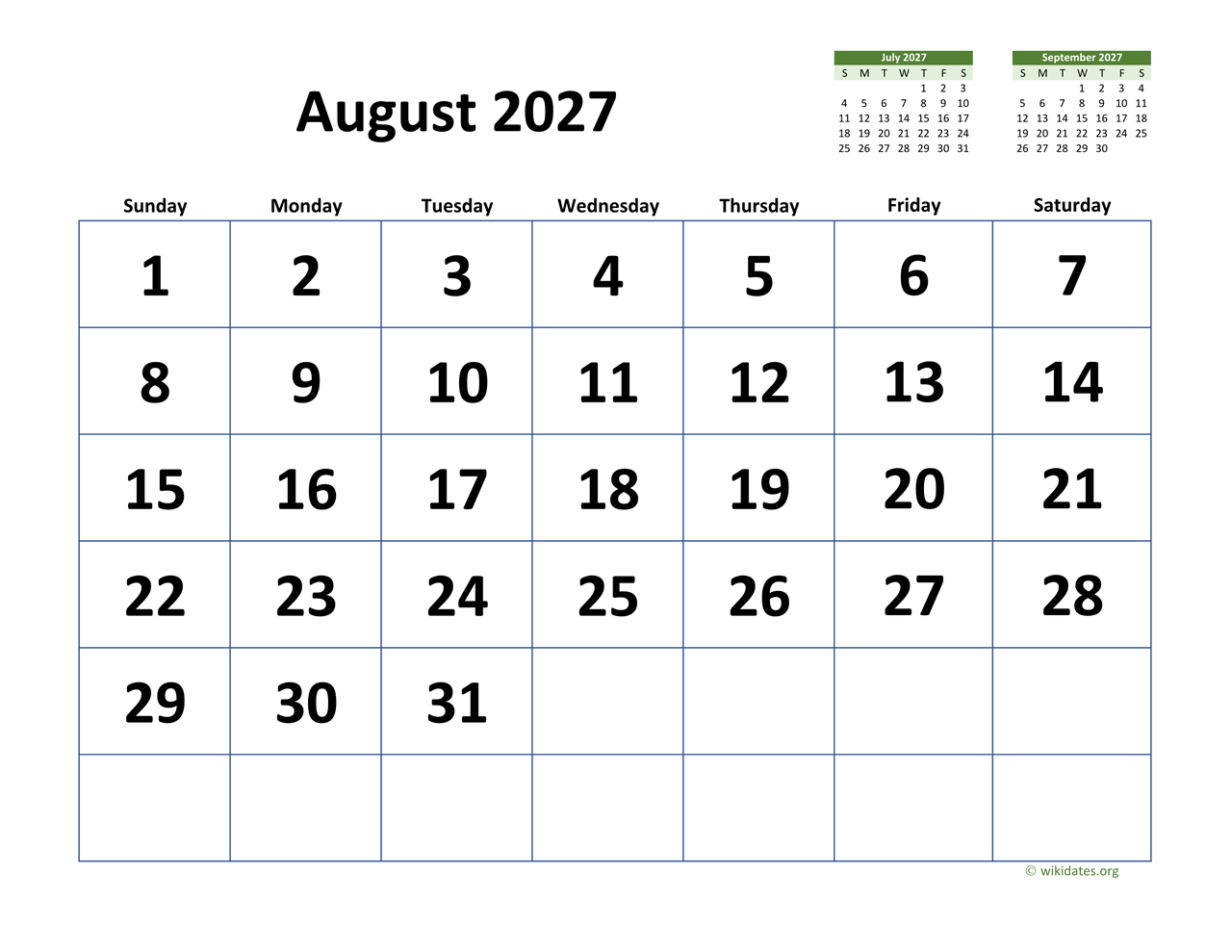August 2027 Calendar With Extra large Dates WikiDates August 2027 Calendar With Extra large Dates WikiDates