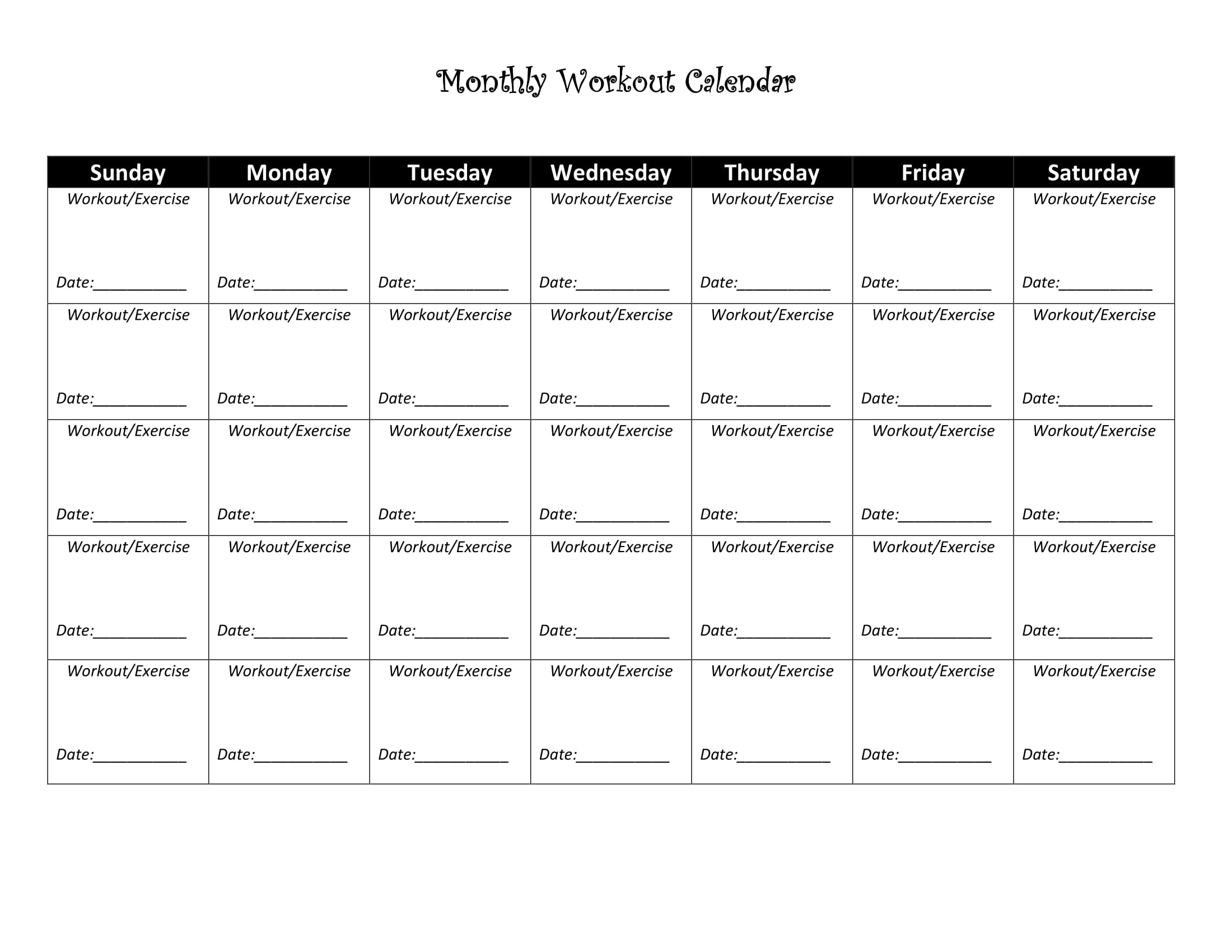 Blank Workout Calendar Free Pdf Or Word Download