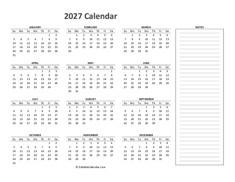 Calendar 2027 Printable Free