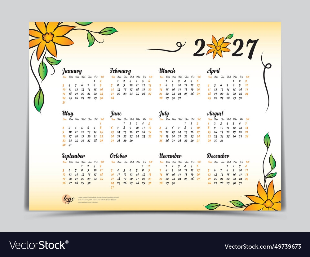 Calendar 2027 Template Yellow Flowers Design Vector Image