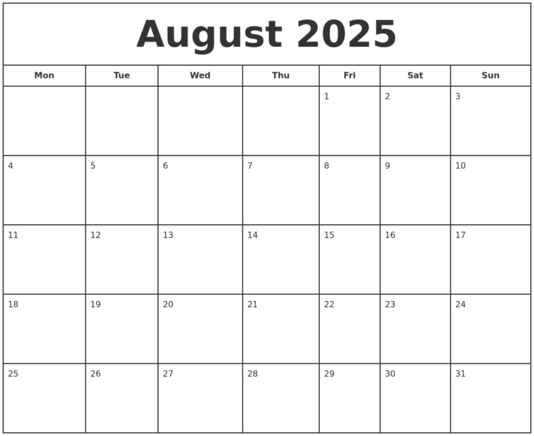 Calendar August 2025 Printable Free Excel Joanne T Williams