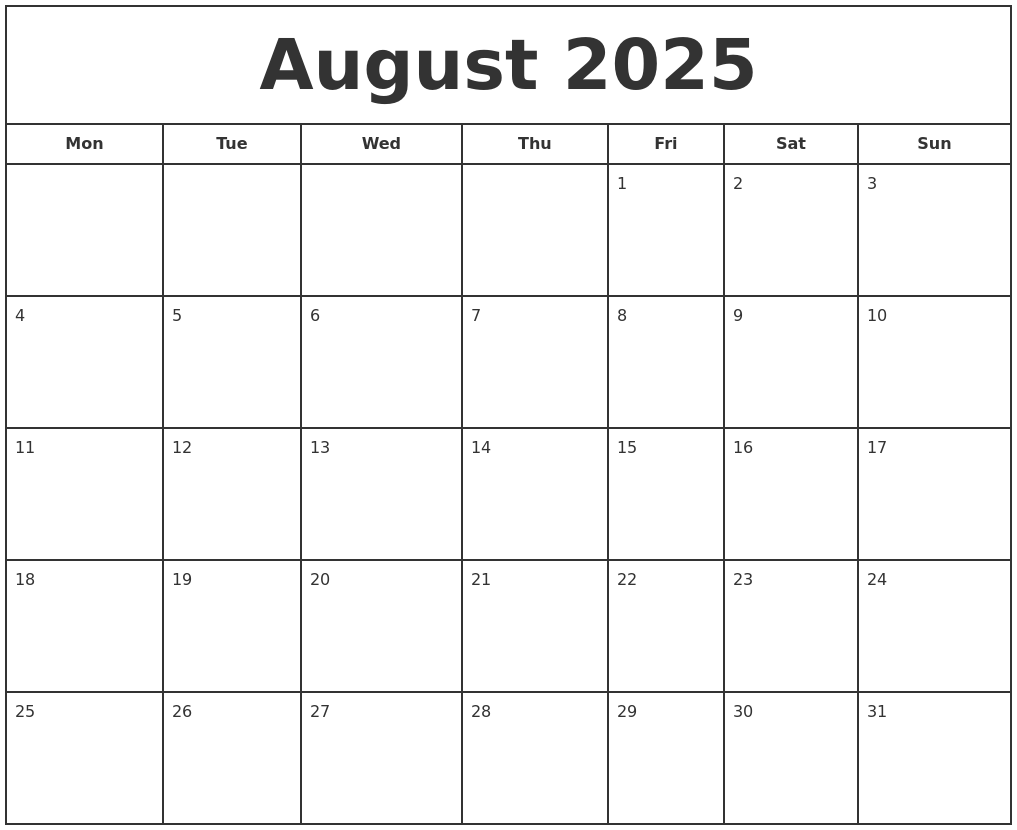 Calendar August 2025 Printable Free Excel Joanne T Williams