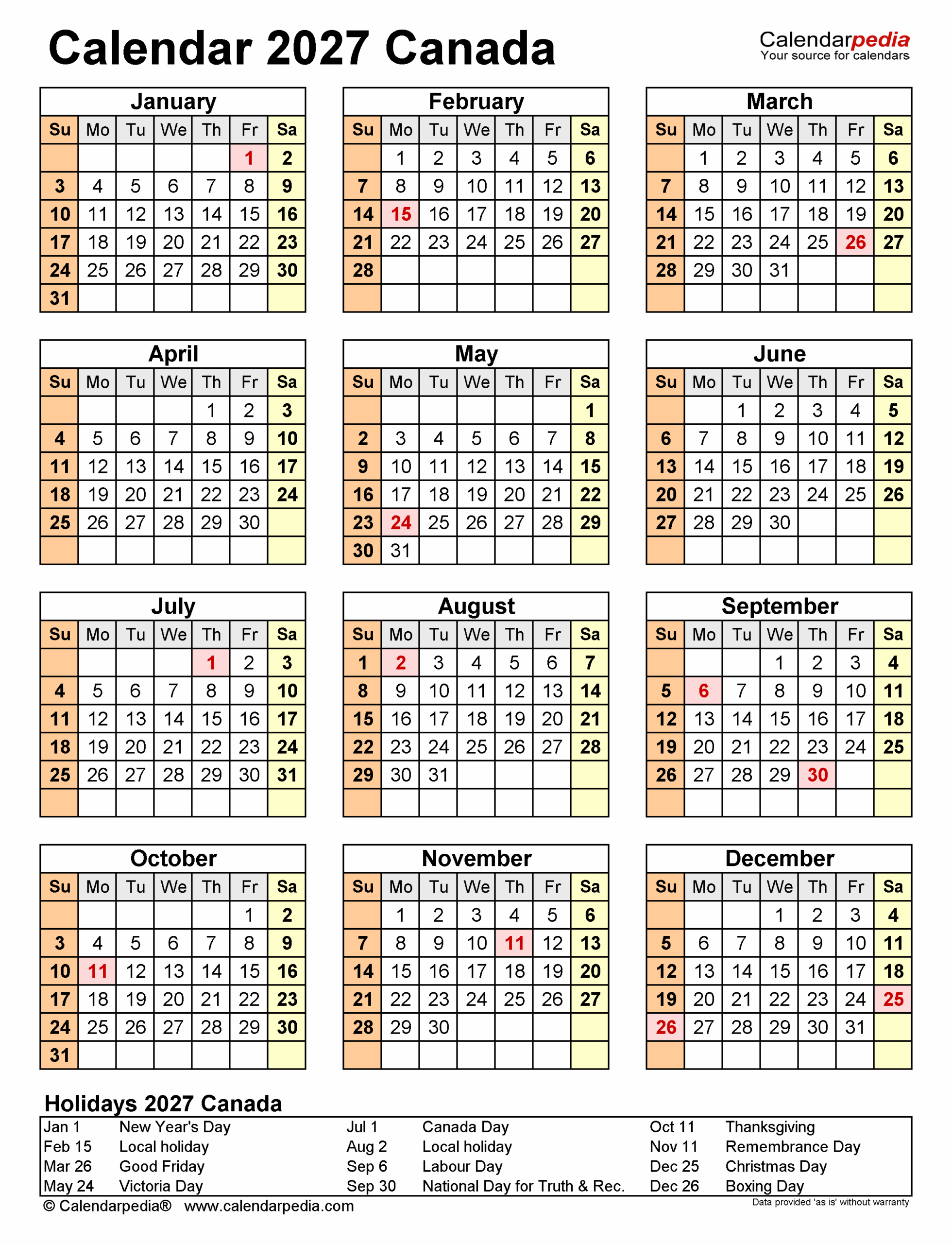 Canada Calendar 2027 Free Printable PDF Templates Canada Calendar 2027 Free Printable PDF Templates