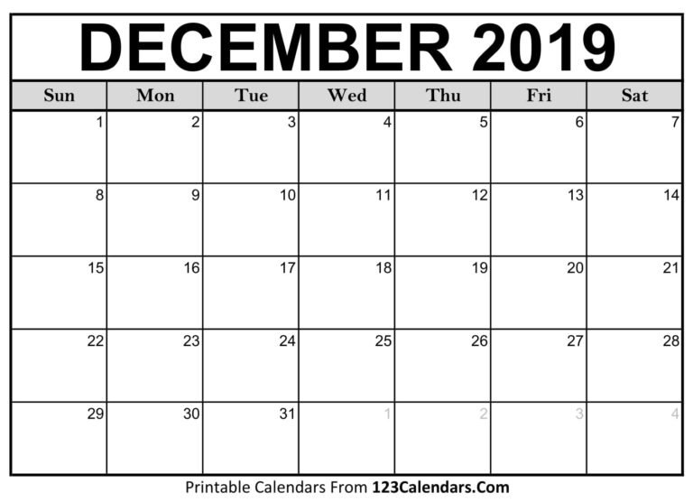 December 2019 Printable Calendar 123Calendars