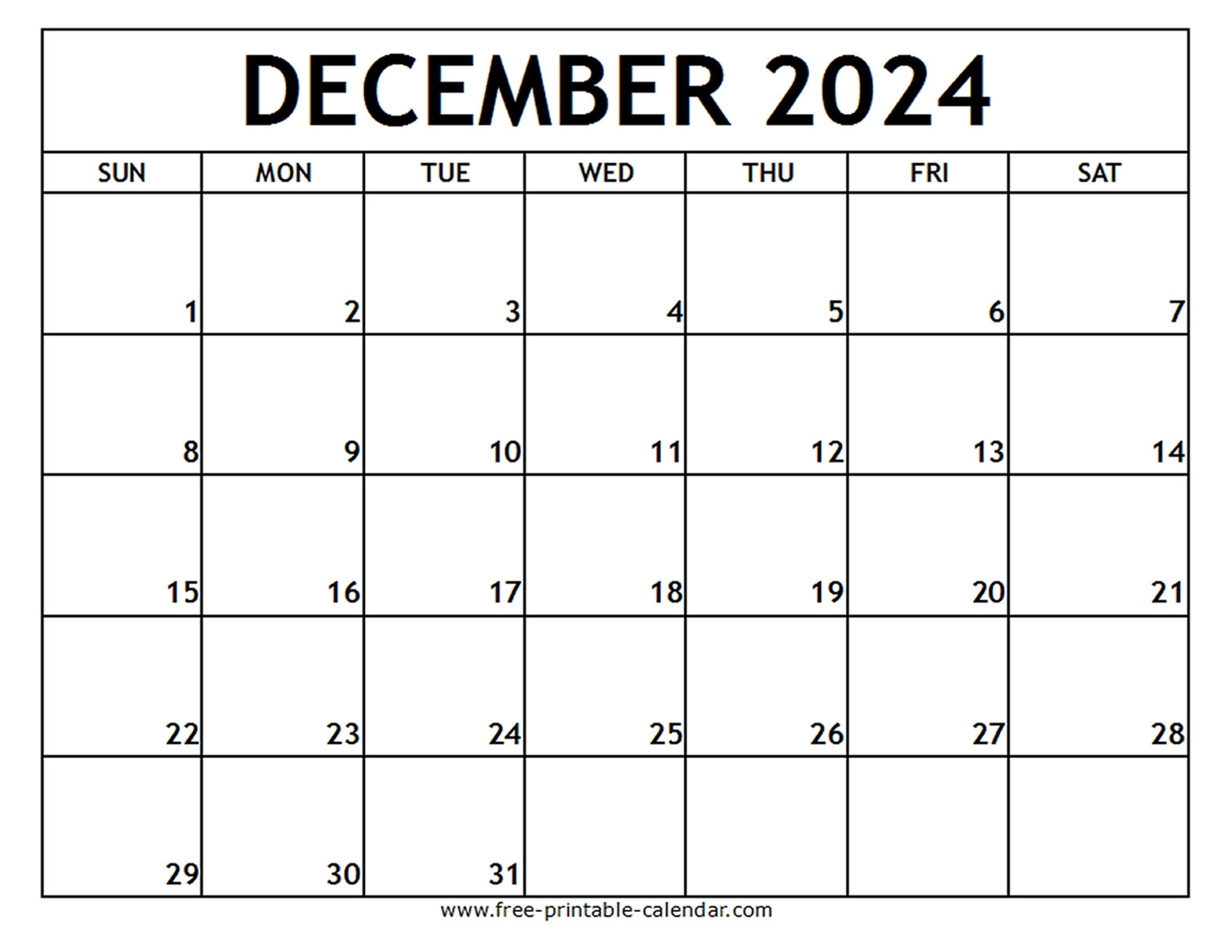 December 2024 Printable Calendar Free printable calendar December 2024 Printable Calendar Free printable calendar