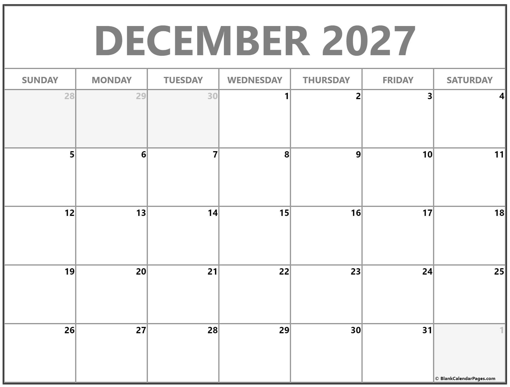 December 2027 Calendar Free Printable Calendars December 2027 Calendar Free Printable Calendars