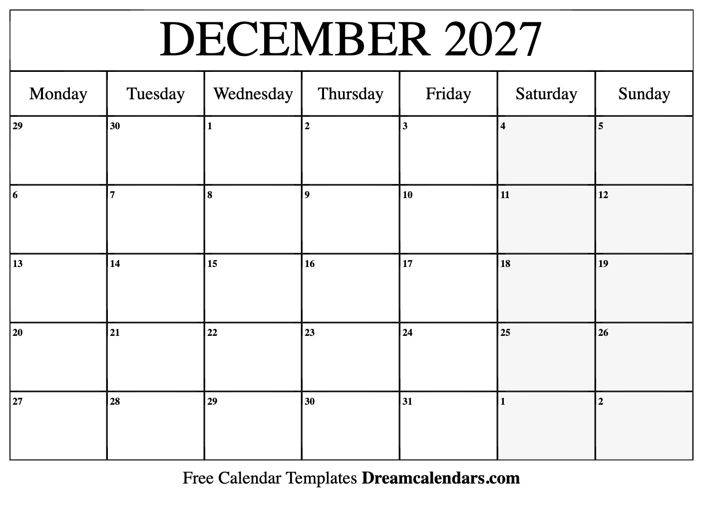 December 2027 Calendar Free Printable With Holidays And Observances