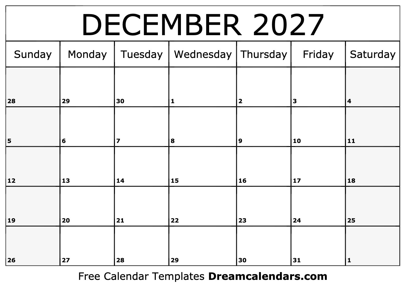 December 2027 Calendar Free Printable With Holidays And Observances