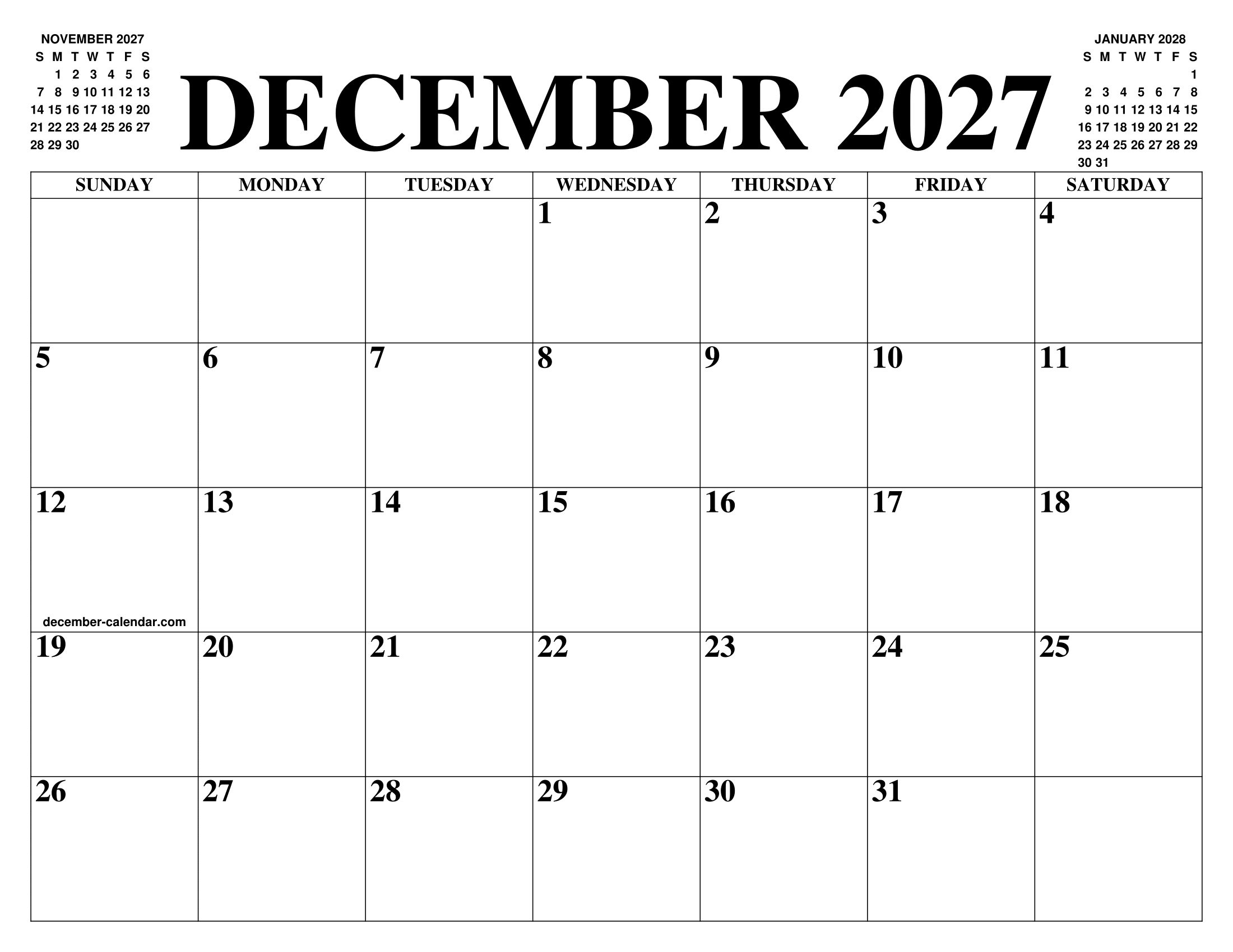 DECEMBER 2027 CALENDAR OF THE MONTH FREE PRINTABLE DECEMBER CALENDAR 