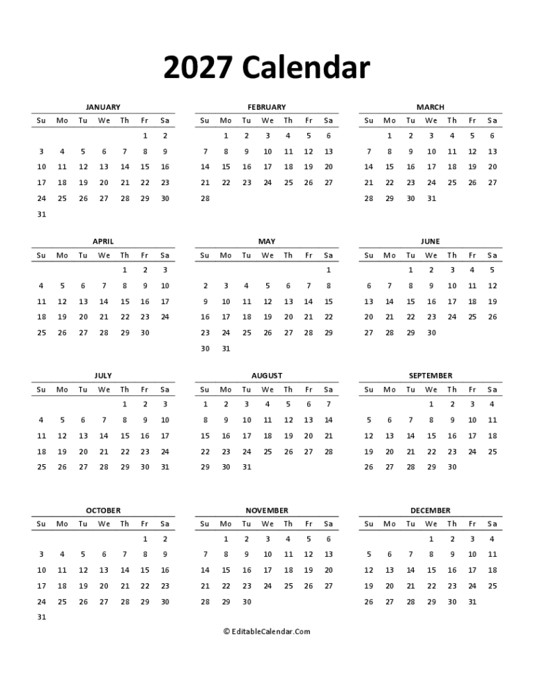 Download 2027 Free Printable Calendar Editable Word Version 