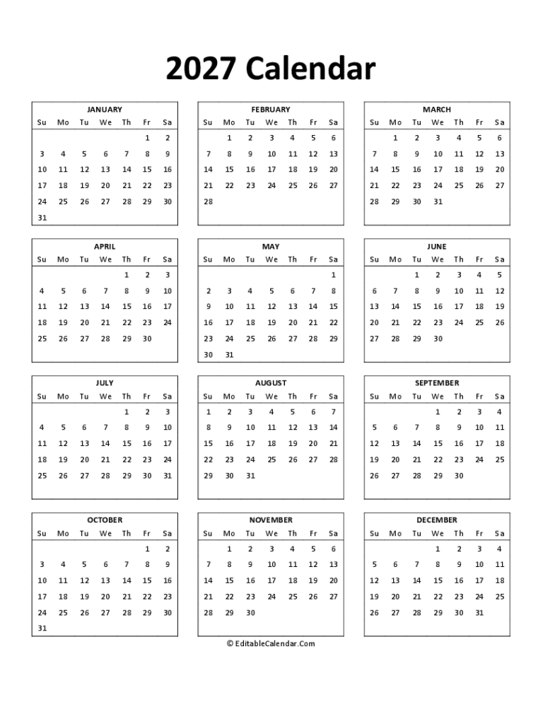 Download Free Printable 2027 Calendar PDF Version 