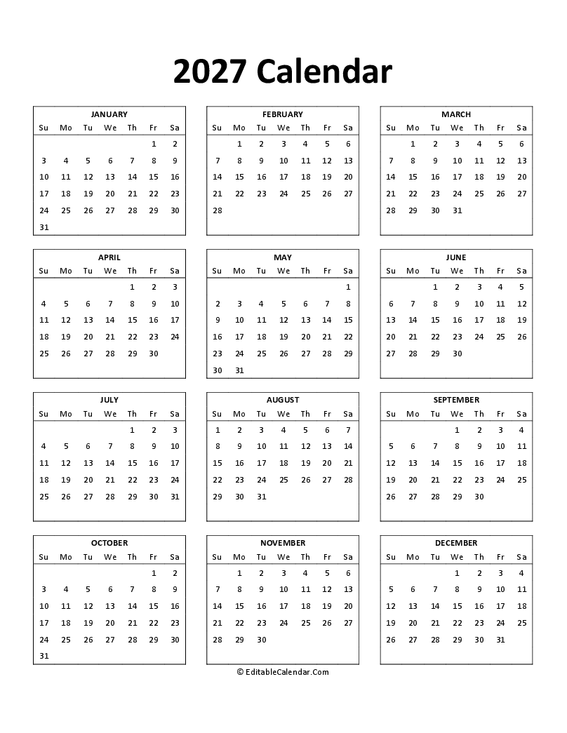 Free Printable 2027 Monthly Calendar Template Word Free Printable Free Printable 2027 Monthly Calendar Template Word Free Printable