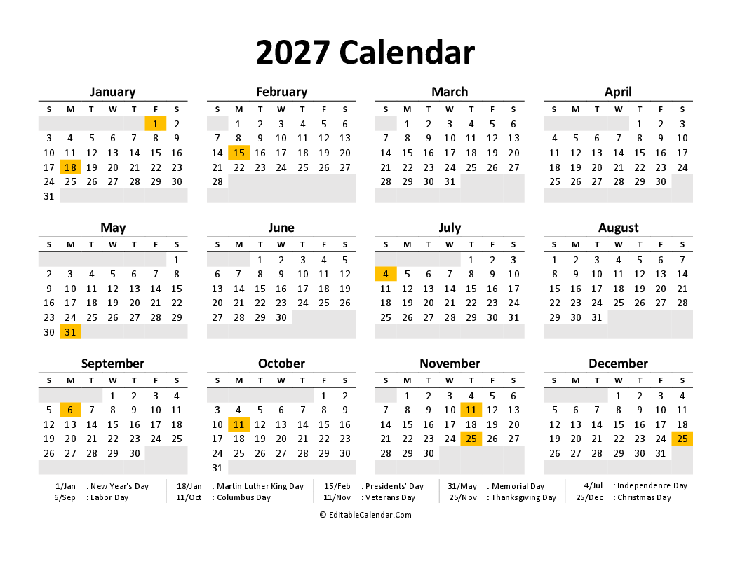 Download Printable Calendar 2027 Free PDF Version