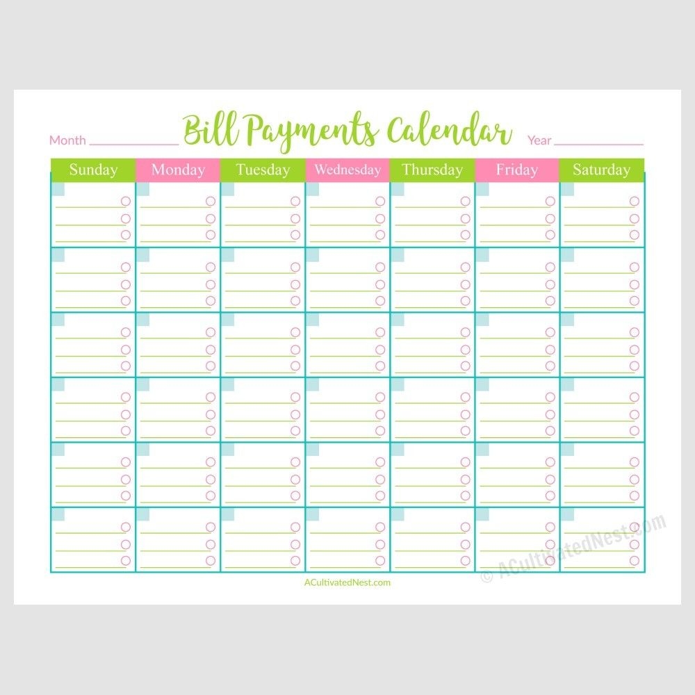 Easy to Use Bill Payment Calendar
