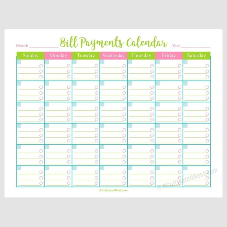 Easy to Use Bill Payment Calendar
