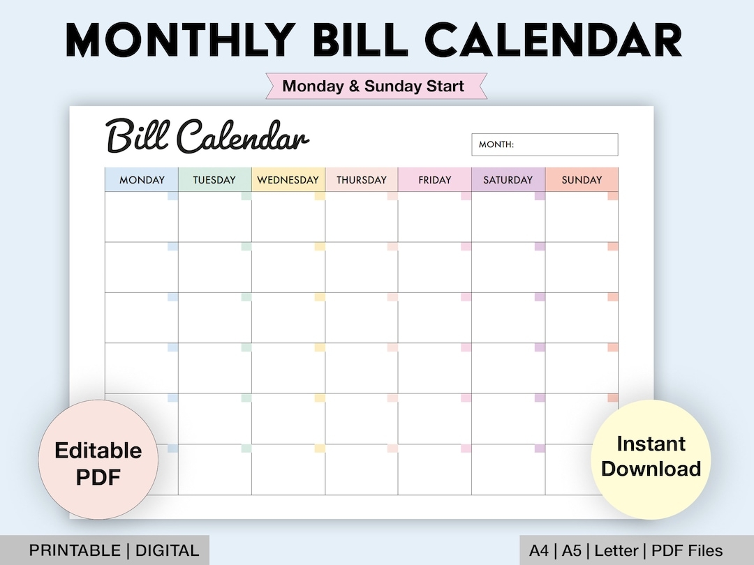 Editable Bill Calendar Printable Monthly Bill Planner Monthly Bill Editable Bill Calendar Printable Monthly Bill Planner Monthly Bill