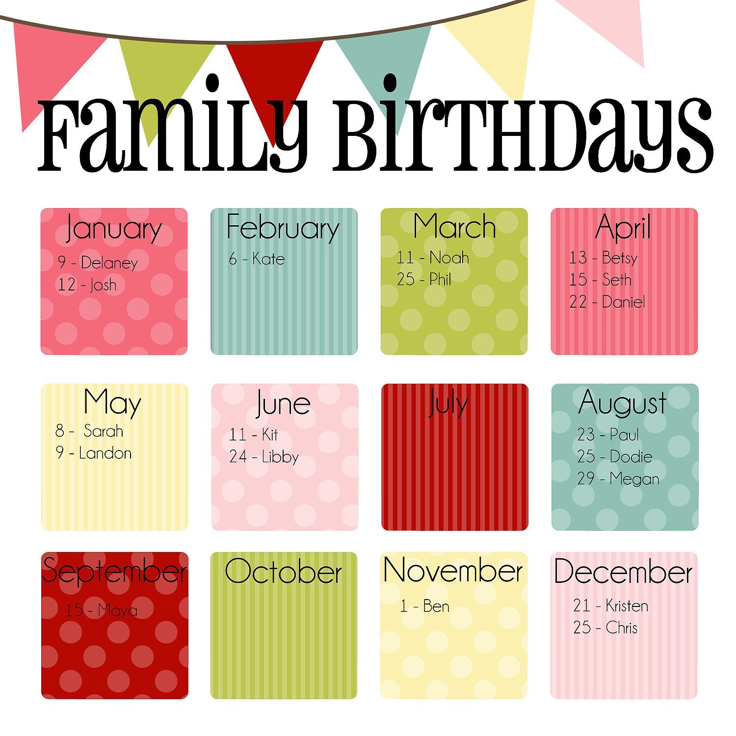 Family Birthday Calendar Printable