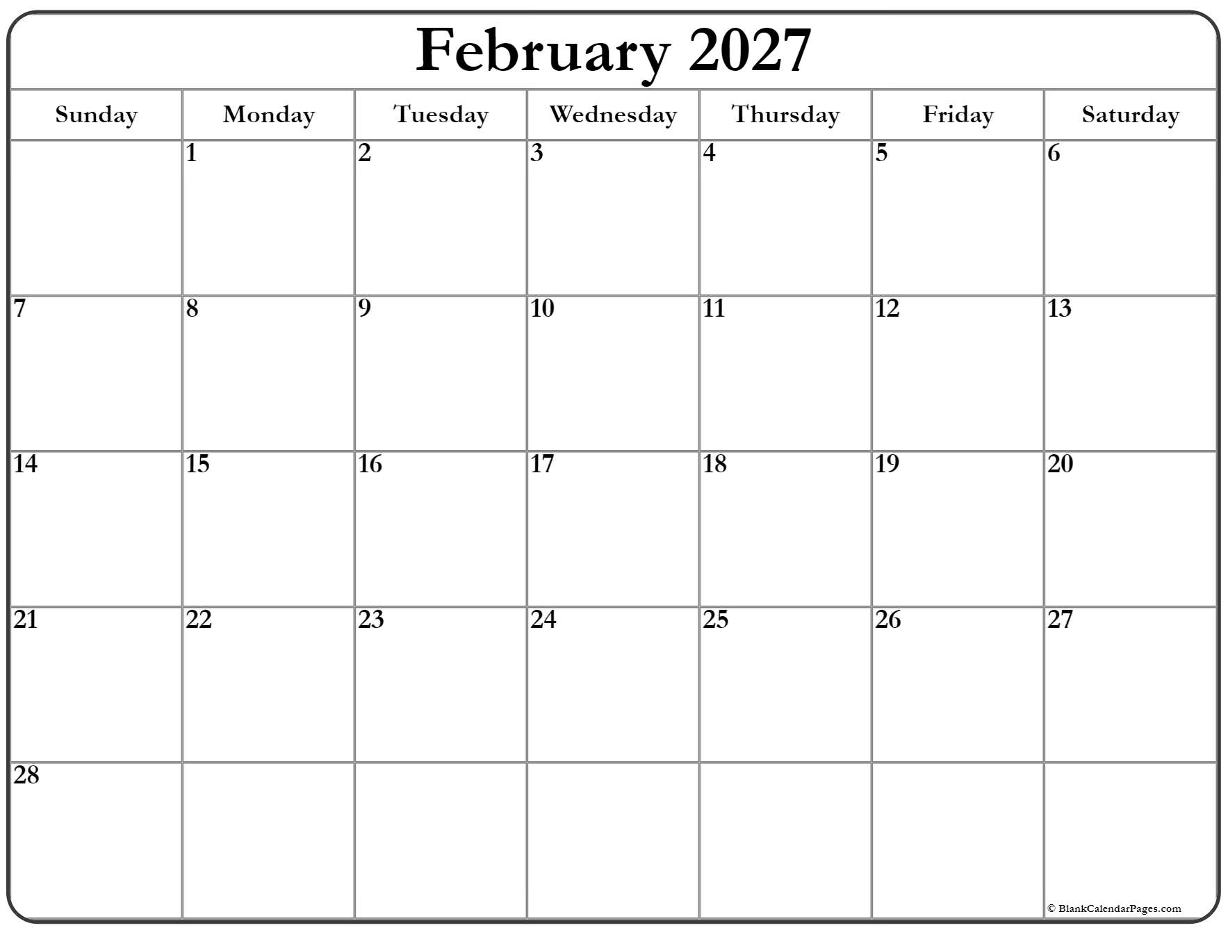 February 2027 Calendar Free Printable Calendars