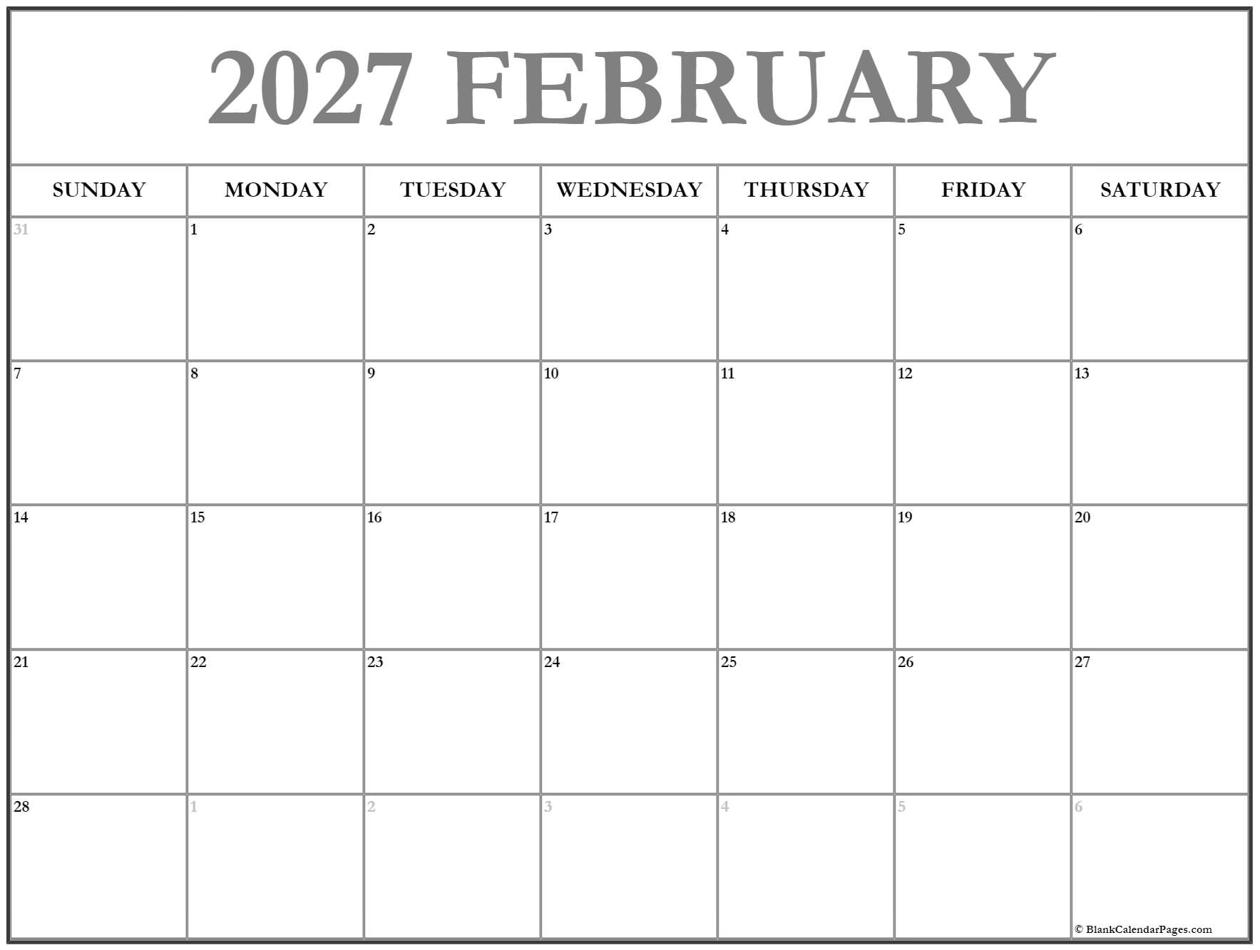 February 2027 Calendar Free Printable Calendars February 2027 Calendar Free Printable Calendars