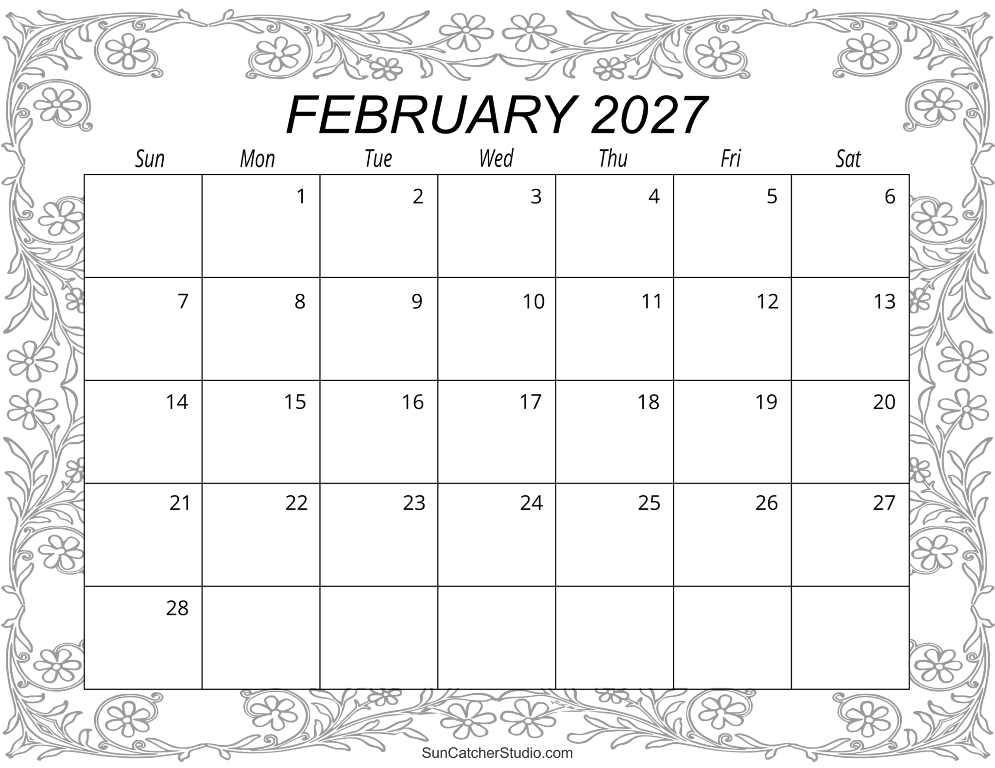 Printable Monthly Calendar February 2027 - Free Printable Calendar