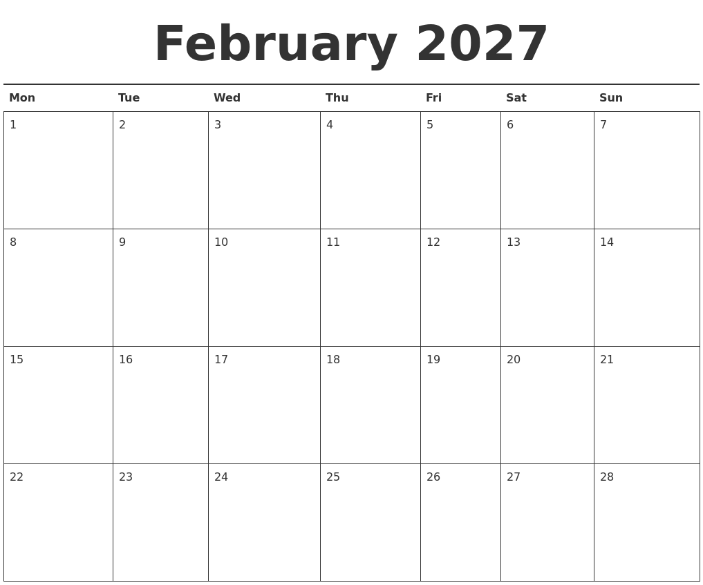 February 2027 Calendar Printable February 2027 Calendar Printable