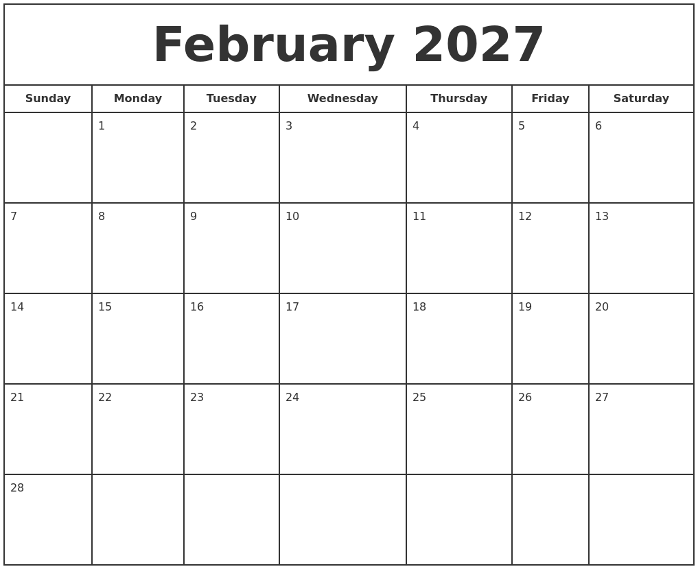 February 2027 Print Free Calendar