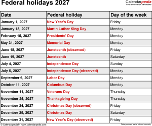 Federal Holidays 2027 Federal Holidays 2027