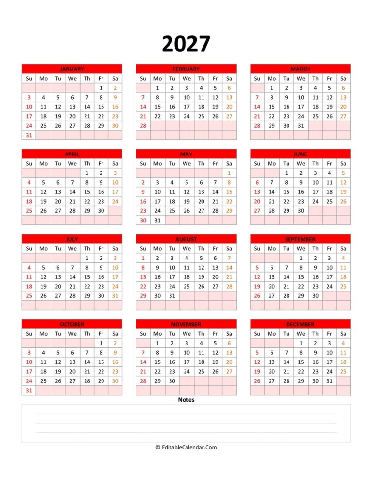Fillable Calendar 2027 With With Notes