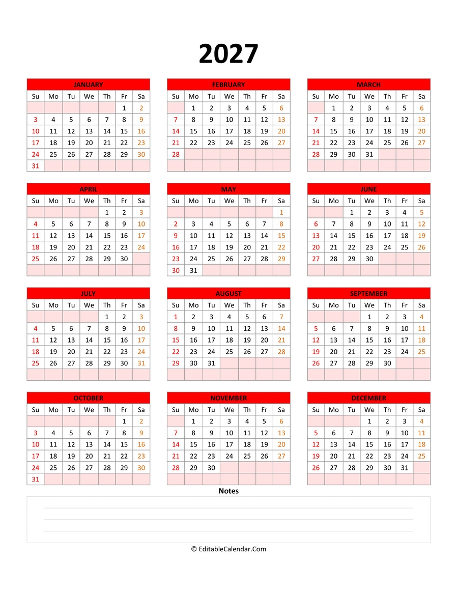 Fillable Calendar 2027 With With Notes