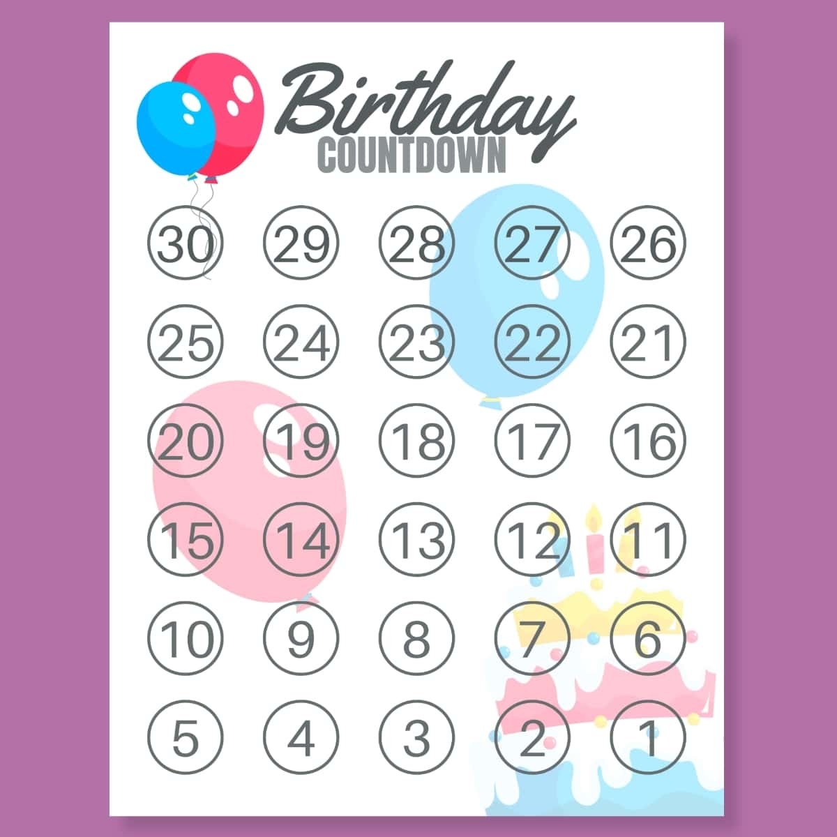 FREE Birthday Countdown Calendar Printable