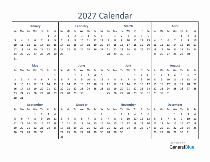 Free Downloadable 2027 Yearly Calendar Template Free Downloadable 2027 Yearly Calendar Template