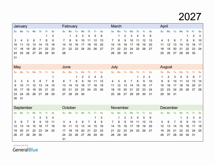 Free Downloadable 2027 Yearly Calendar Template
