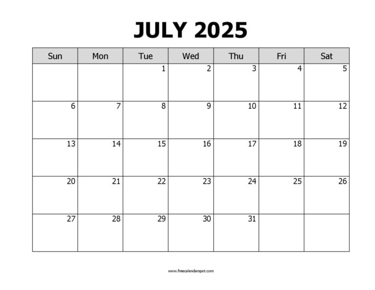 Free July 2025 Calendar Printable PDF Word