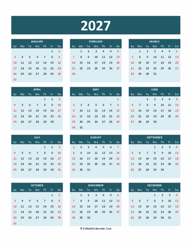 Free Printable 2027 Calendar With Holidays Pdf Free Download Word