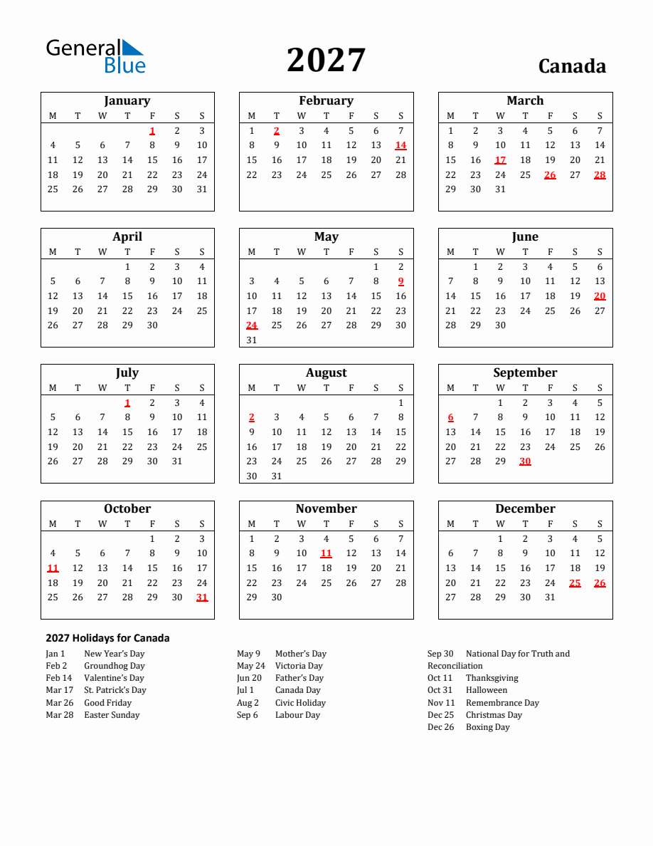 Free Printable 2027 Canada Holiday Calendar Free Printable 2027 Canada Holiday Calendar