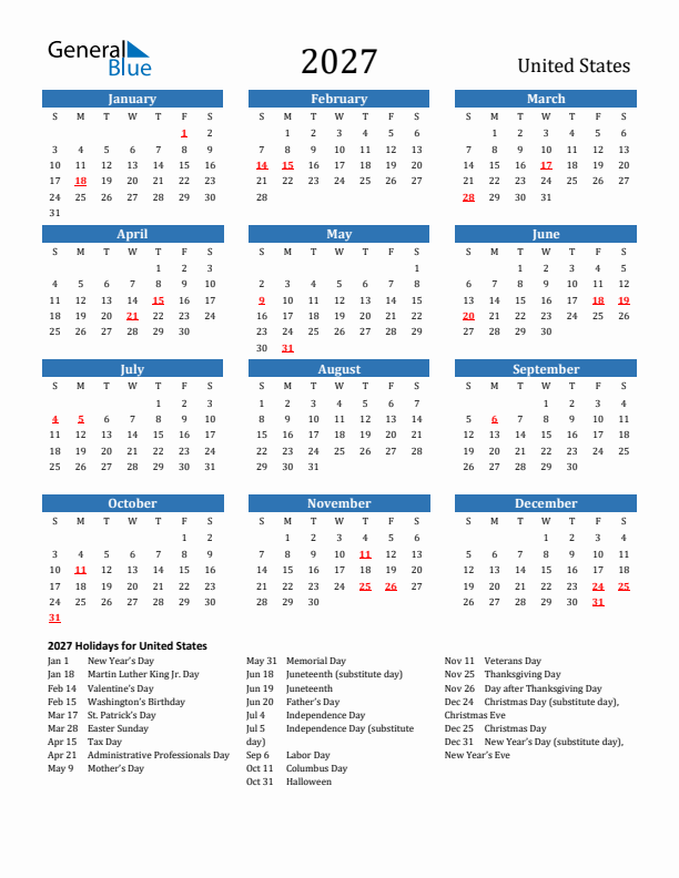 Free Printable 2027 United States Holiday Calendar