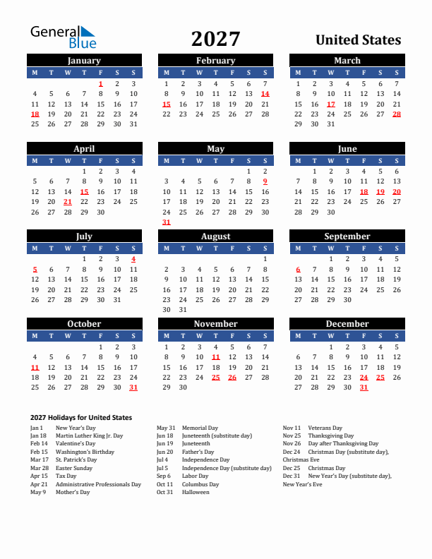 Free Printable 2027 United States Holiday Calendar Free Printable 2027 United States Holiday Calendar