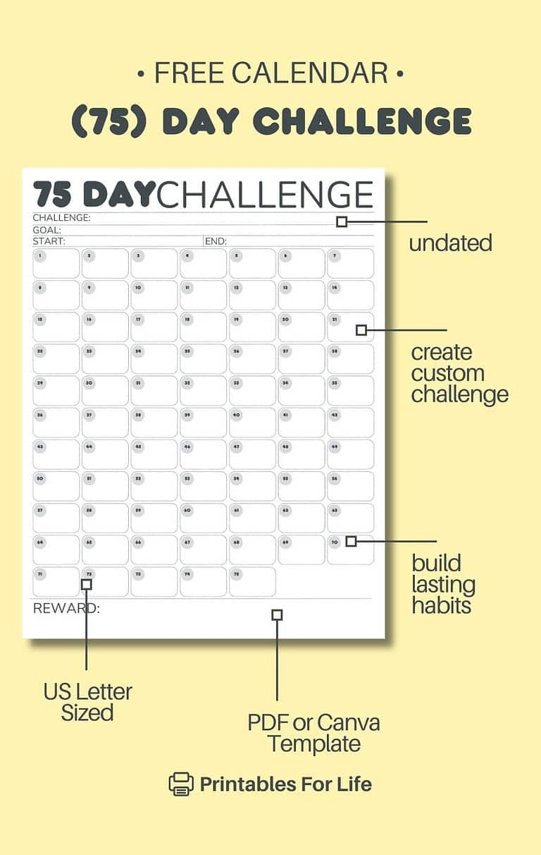Free Printable 75 Day Challenge Calendar For 75 Hard 75 Medium 75 Soft