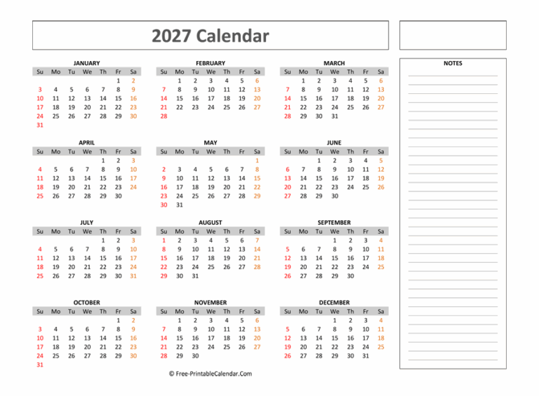 Free Printable Calendar 2027 With Notes Weeks Start On Sunday
