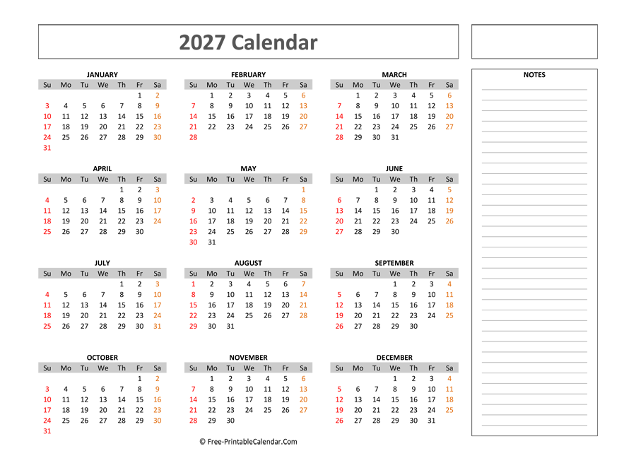 Free Printable Calendar 2027 With Notes Weeks Start On Sunday